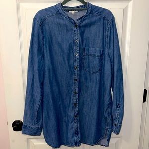 Eileen Fisher Denim Tunic Button Down Shirt Top Large, Tencel & Cotton